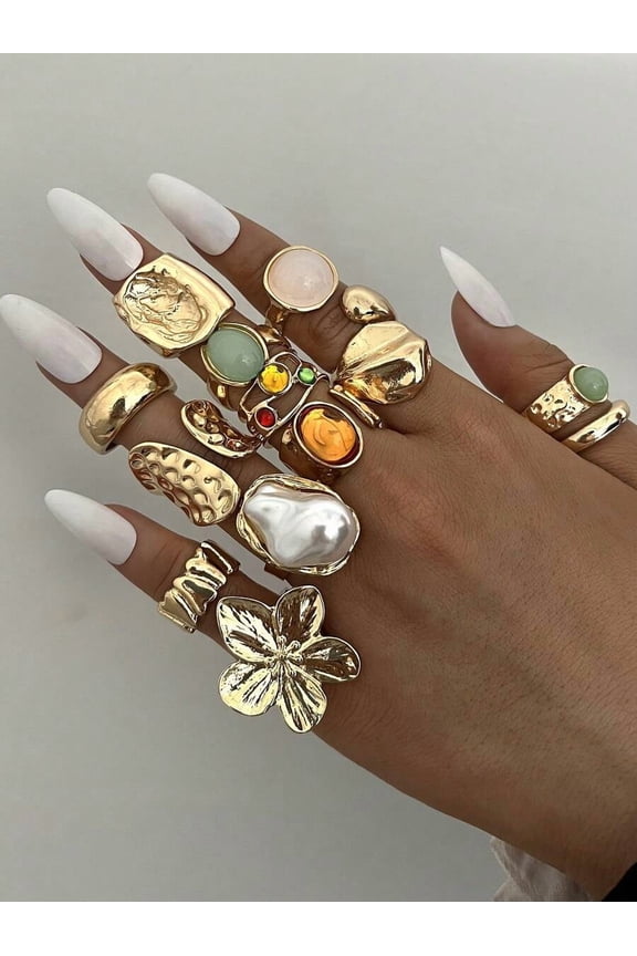 Yellow Gold Chunky Ring Set: Vintage Floral, Pearl & Gemstone Cocktail Rings for Party, Holiday & Daily Wear