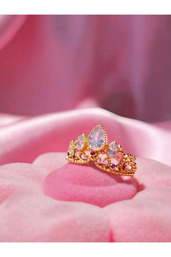 Yellow Gold Crown Princess Cubic Zirconia V-Shaped Geometric Ring Set For Party Daily Wear