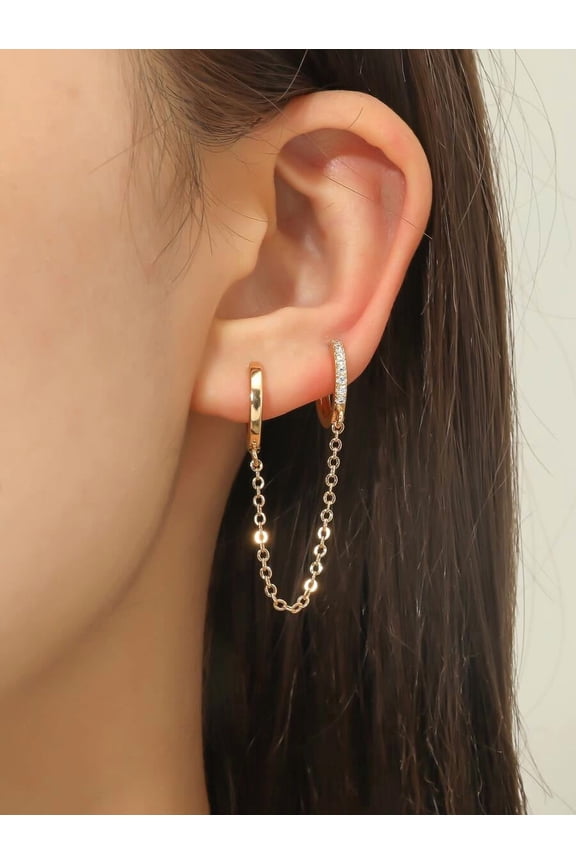 Yellow Gold Cubic Zirconia Chain Dangle Huggie Earring Pair