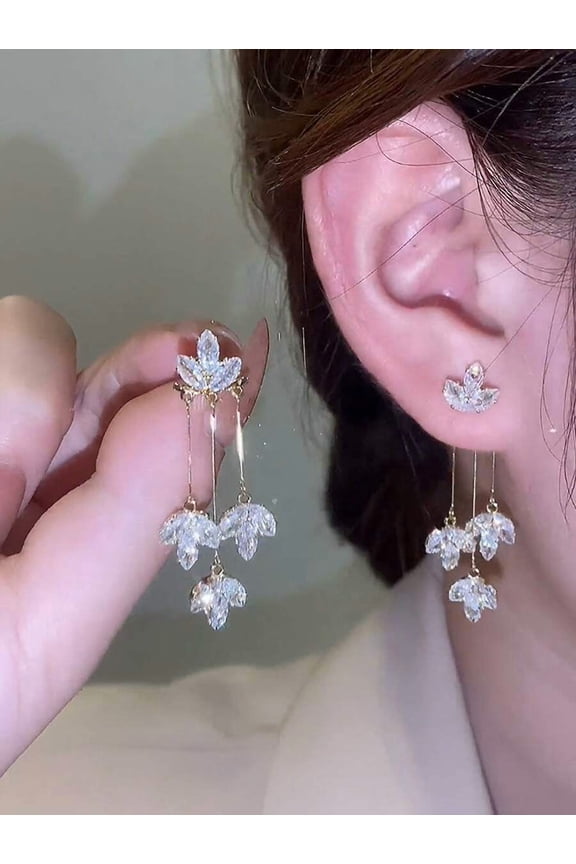 Yellow Gold Cubic Zirconia Leaf Tassel Dangle Earring Jackets