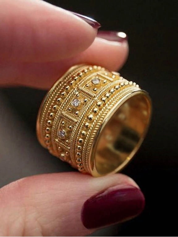 Yellow Gold Cubic Zirconia Statement Ring For Women, Elegant Wide Band With Embossed Detailing And Sparkling Stones