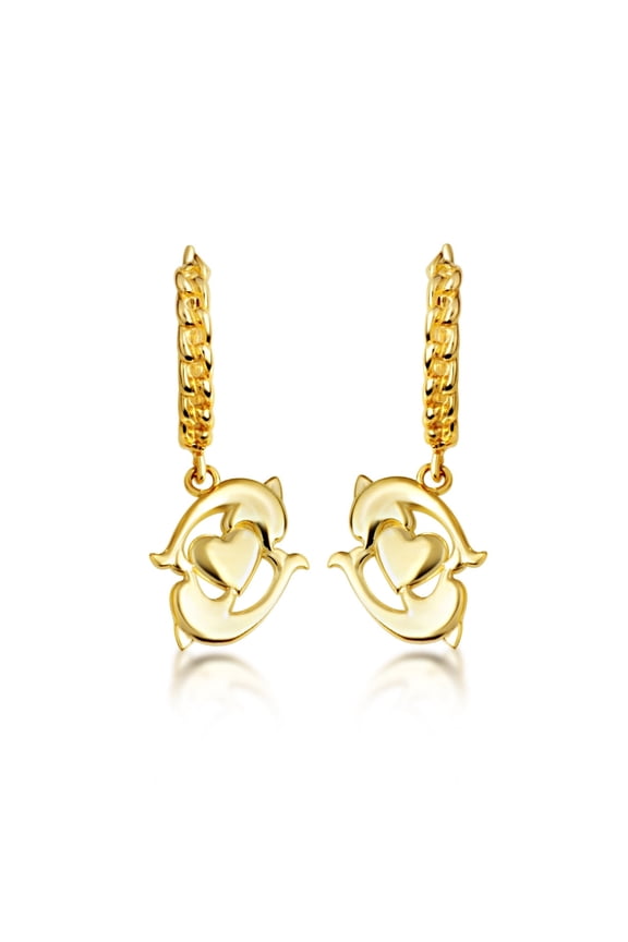 Yellow Gold Dolphin Heart Cuban Link Huggie Earrings (10K)