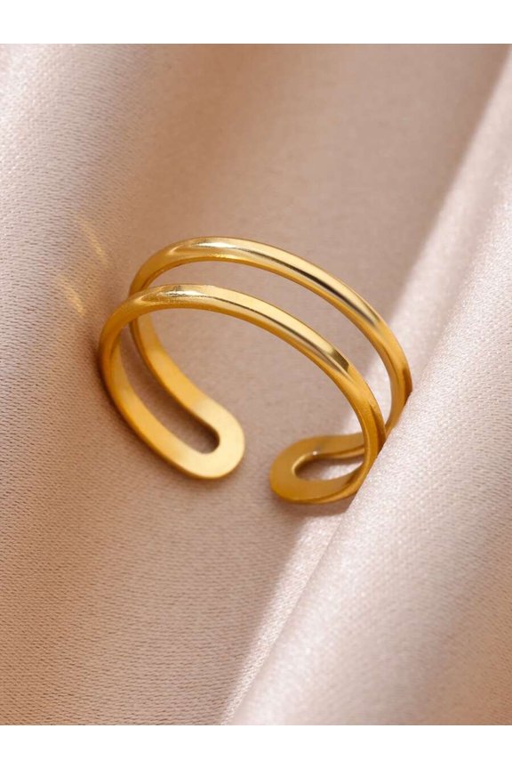 Yellow Gold Double-Layer Open Ring For Adults, Stainless Steel Fashion Jewelry