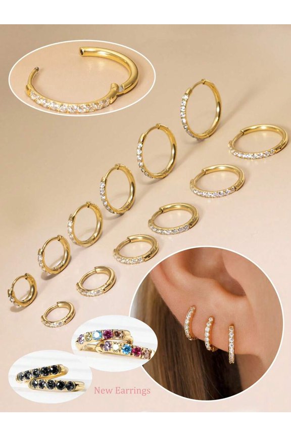 Yellow Gold Earrings With Cubic Zirconia Set Of 3 For Women Fashion Jewelry