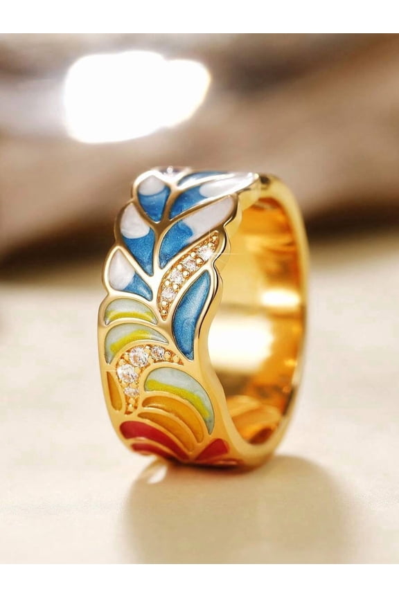 Yellow Gold Enamel Leaf Statement Ring With Cubic Zirconia For Women