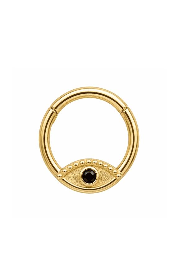 Yellow Gold Evil Eye Septum Ring Clicker, Black Stone Hinge Cartilage Hoop Piercing