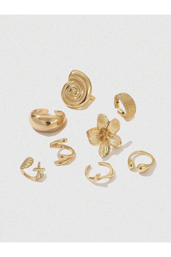 Yellow Gold Fashion Ocean Style 8-Piece Open Ring Set With Flower Shell