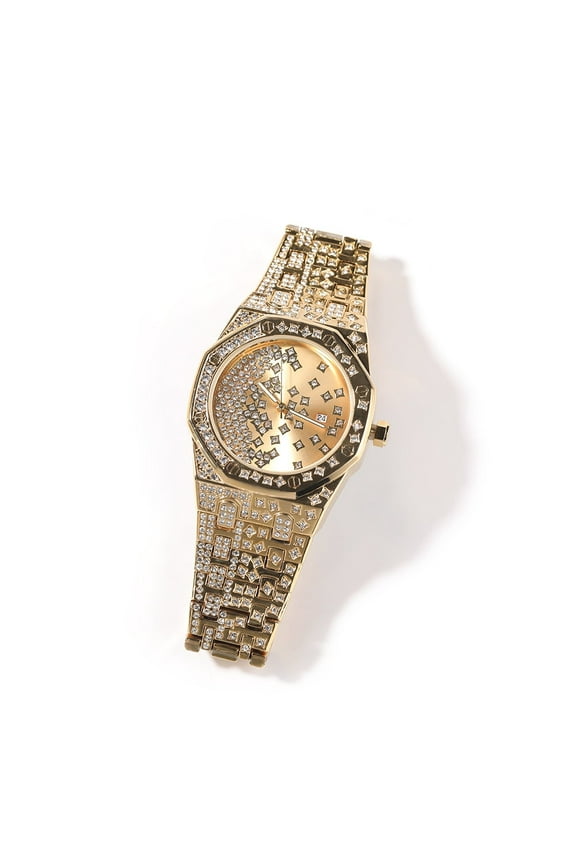 Yellow Gold Finish Octagon Mens Unisex Simulated Diamond Bling Stainless Steel Fully Iced Out Hip Hop Date Function Rapper Luxury Watch 42mm