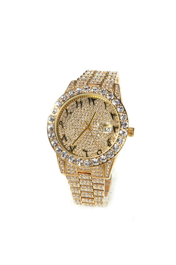 Yellow Gold Finish Solitaire Bezel Unisex Simulated Diamond Bling Stainless Steel Iced Out Hip Hop Arabic Numeral Date Function Watch 42mm