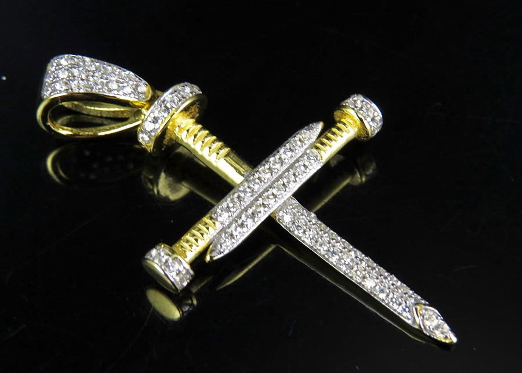 Yellow Gold Finish Sterling Silver Simulated Diamond Nail Cross Pendant 1.4 Inch