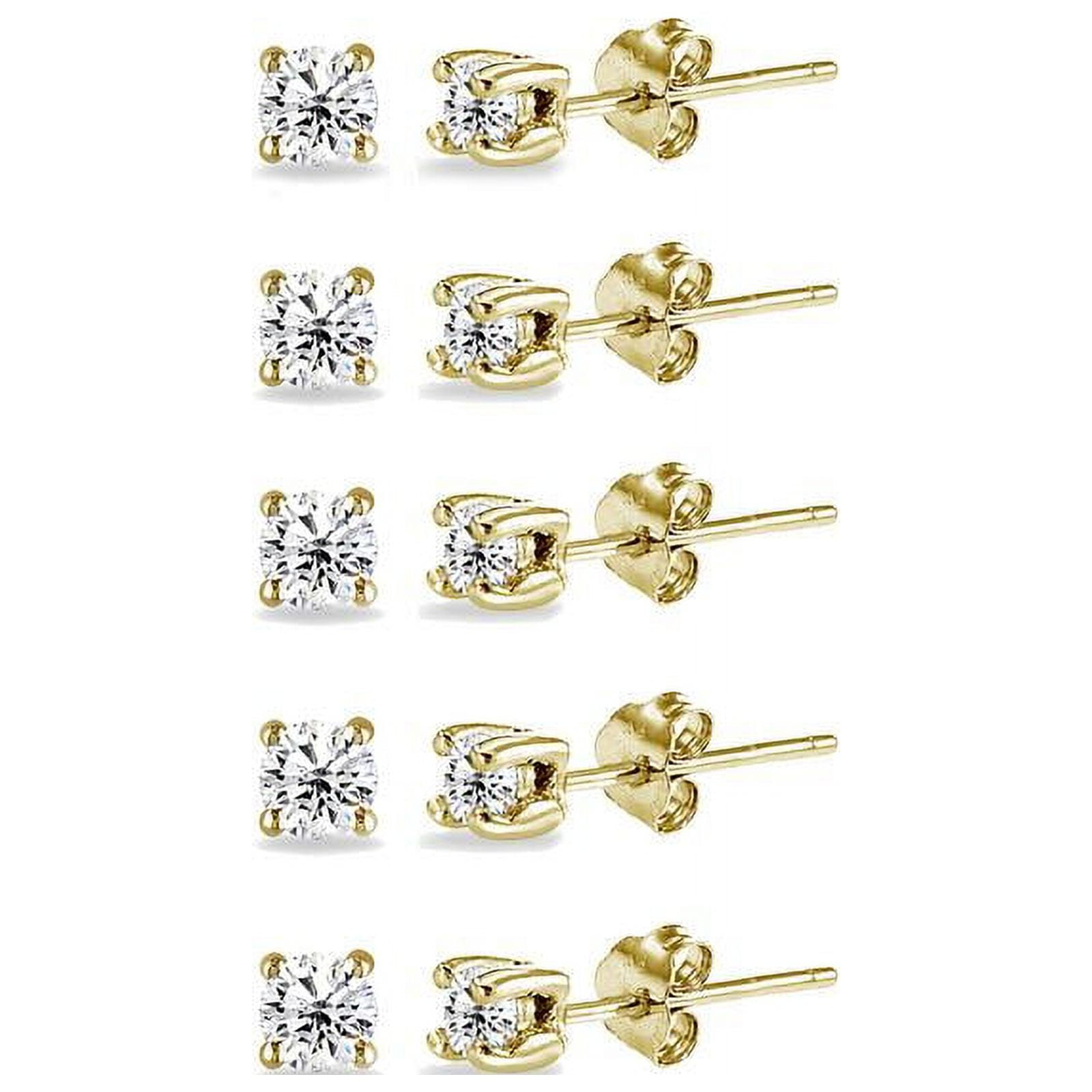 Yellow Gold Flashed Sterling Silver Cubic Zirconia set of 5 Round 2mm Stud Earrings