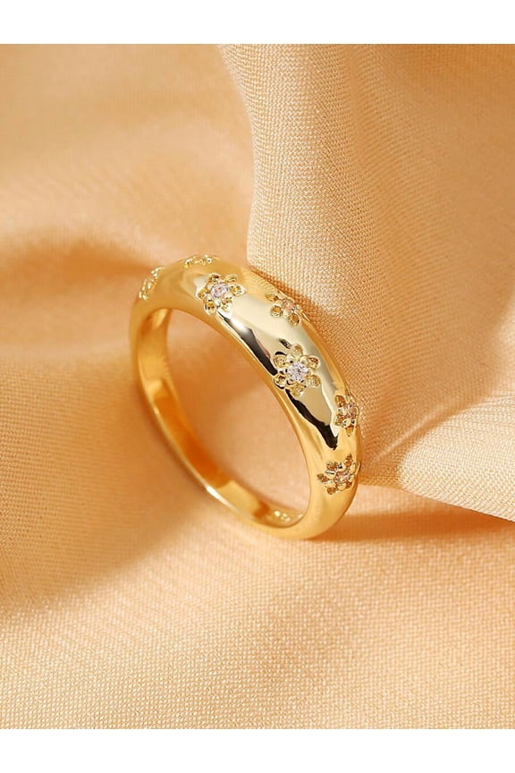 Yellow Gold Floral Cubic Zirconia Decor Ring For Women