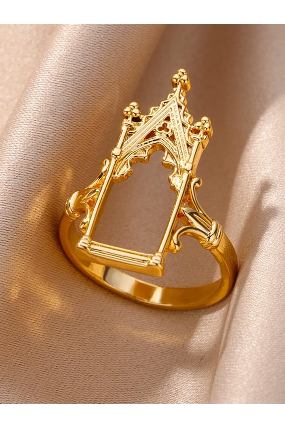 Yellow Gold Gothic Arch Door Design Statement Ring For Women