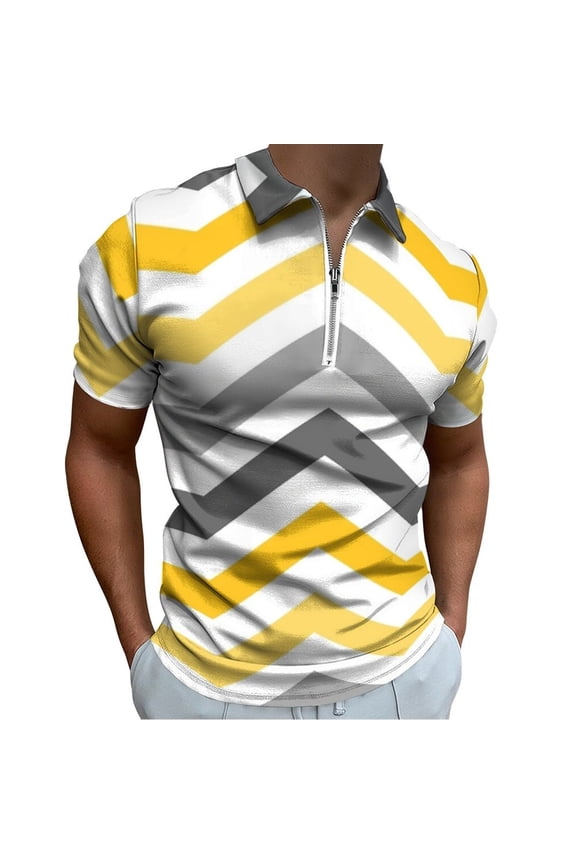 Yellow Gold Grey Chevron Pattern Men Zipper T-shirt Summer Casual Short Sleeve T-shirt Top