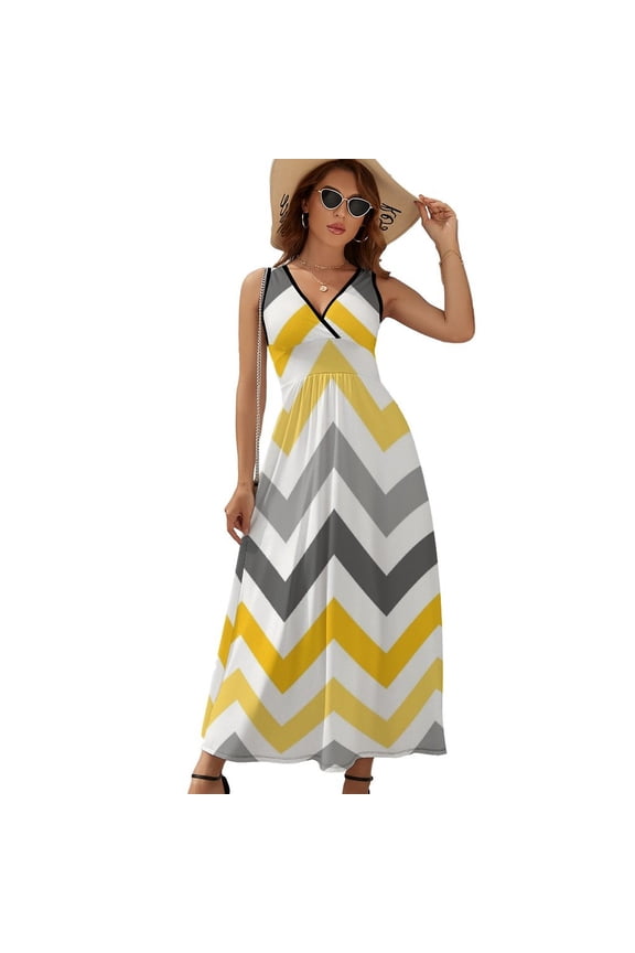 Yellow Gold Grey Chevron Pattern Womens Night Club Maxi Dress V Neck Sleeveless Bohemia Long Dresses