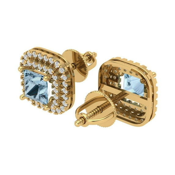 Yellow Solid Solid Gold Halo Stud Everyday Dainty Earrings - 2.46 Ct Brilliant Princess Cut Studs Natural Swiss Blue Topaz 14K, Everyday Dainty Earrings Screw Back