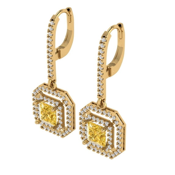 Yellow Solid Solid Gold Halo Stud Everyday Dainty Earrings - 2.82 Ct Brilliant Princess Cut Drop Dangle Natural Citrine 14K, Everyday Dainty Earrings Lever Back