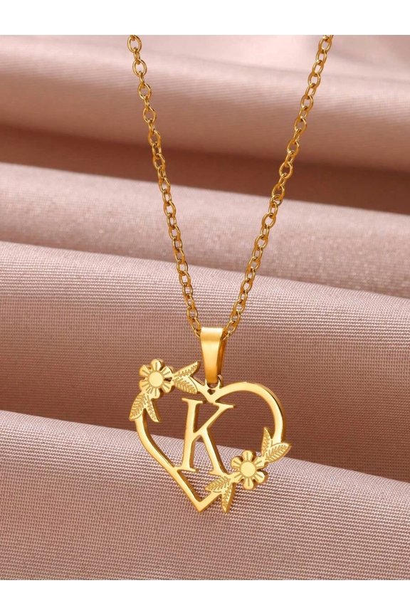 Yellow Gold Heart Pendant Necklace With Floral Initial K Design