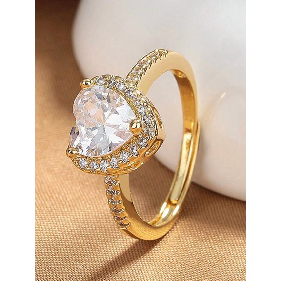 Yellow Gold Heart Shape Cubic Zirconia Ring For Women Valentines Day Gift