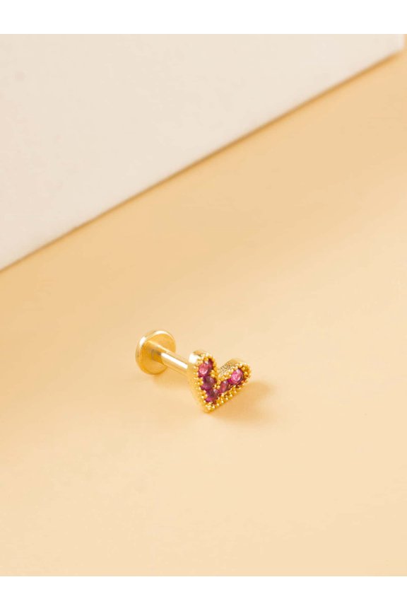Yellow Gold Heart Stud Earring With Pink Rhinestones Single Piece