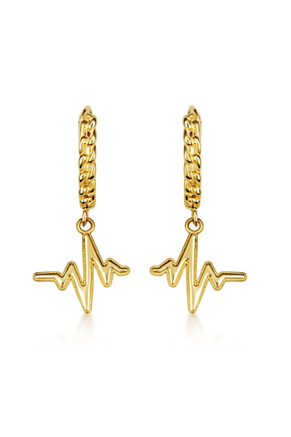 Yellow Gold Heartbeat Pulse Milgrain Cuban Link Huggie Hoop Earrings (14K)