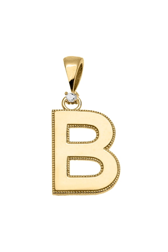 Yellow Gold High Polish Milgrain Solitaire Diamond "B" Initial Pendant Necklace :  14K  Pendant with 16" chain