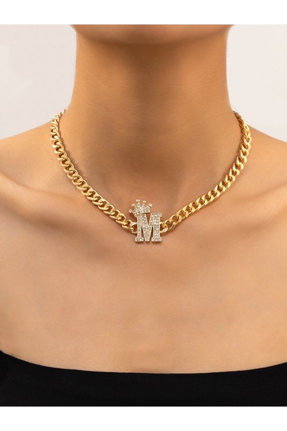 Yellow Gold Hip Hop Zinc Rhinestone Letter M Crown Pendant Chain Necklace For Adults