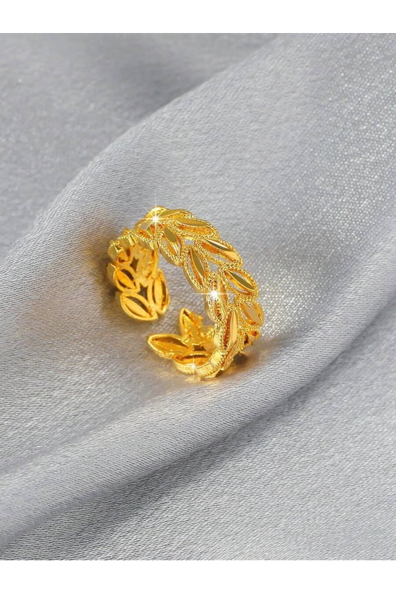 Yellow Gold Hollow Olive Leaf Design Ring, Fashion Minimalist Adjustable Band For Women