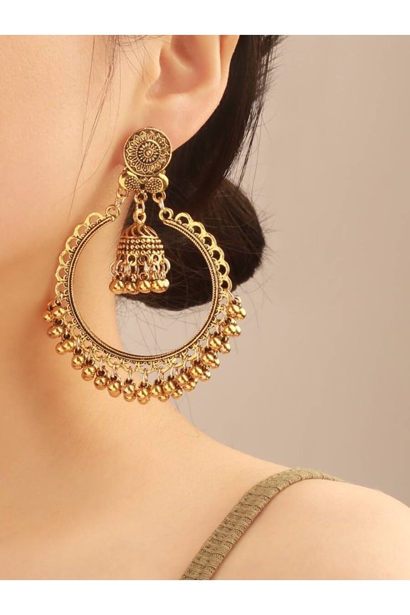 Yellow Gold Hoop Dangle Earrings With Jhumka Charm And Beads