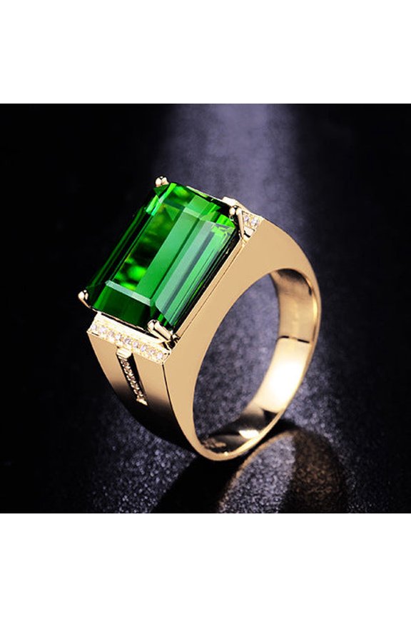 Yellow Gold Inlaid Emerald Baguette Mens Ring Copper Inlay Gold Plated Semi Precious Stones Adjustable Size XL