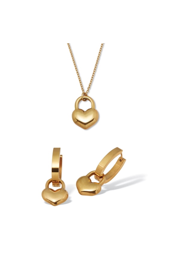 Yellow Gold Ion-Plated Stainless Steel Heart Pendant Necklace Set 18-inch