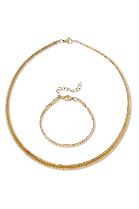 Yellow Gold Ion-Plated Stainless Steel Omega Chain Necklace Set 18-inch