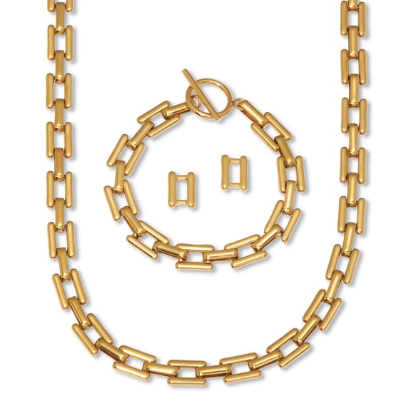 Yellow Gold Ion-Plated Stainless Steel Square Link Jewelry 3-Piece Set