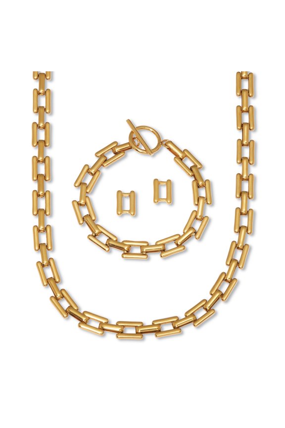 Yellow Gold Ion-Plated Stainless Steel Square Link Jewelry 3-Piece Set