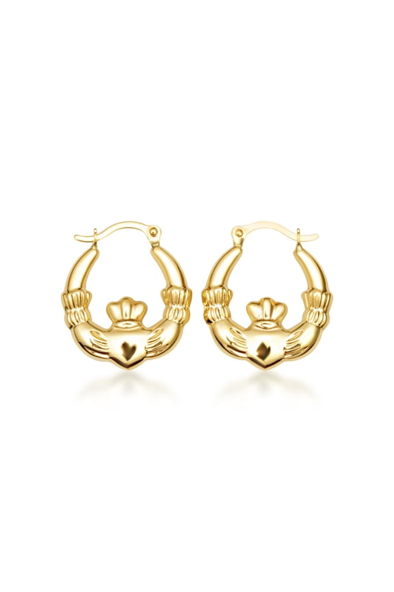 Yellow Gold Irish Celtic Claddagh Heart Crown Hoop Earrings (10K)