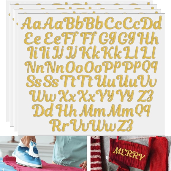 Yellow Gold Iron On Letters for Fabric & Clothing (208 Pieces) Iron On Letters for Christmas Stockings, 1.5" Cursive Iron On Lettering & Small Letters (Yellow Gold)