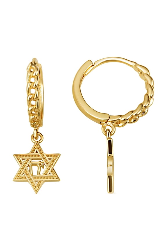 Yellow Gold Jewish Chai Star Of David Cuban Link Huggie Hoop Earrings (14K)