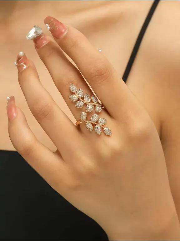 Yellow Gold Leaf Open Ring With Cubic Zirconia Stones