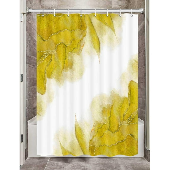 Yellow and Gold Marble Camper Shower Curtain for Travel Trailer Bathroom, Modern Abstract Camping Narrow Shorter Fabric Shower Curtains Set, Happy Camp Decor Accessories with Hooks 47X64 Inch