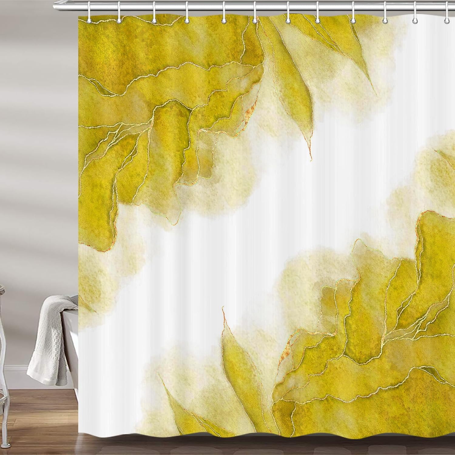 Yellow and Gold Marble Shower Curtain, Modern Abstract Mustard Yellow
