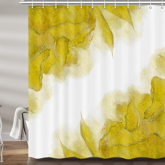 Yellow and Gold Marble Shower Curtain, Modern Abstract Mustard Yellow White Fabric Shower Curtains Set for Bathroom Decorative, Cute Ombre Restroom Decor Accessories with Hooks 72X 72 Inch
