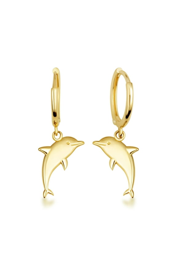 Yellow Gold Marine Dolphin Cuban Link Huggie Hoop Earrings (14K)