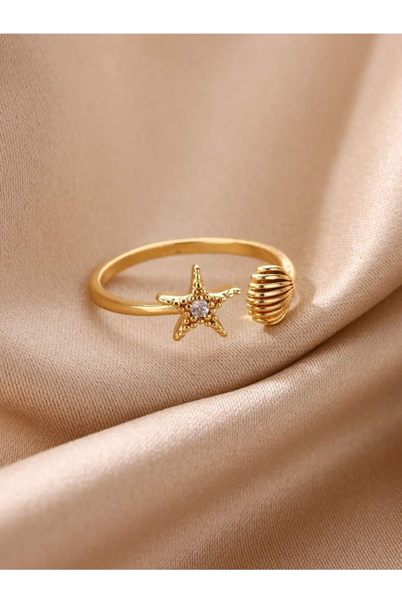Yellow Gold Marine Life Starfish And Shell Open Adjustable Ring With Cubic Zirconia For Women