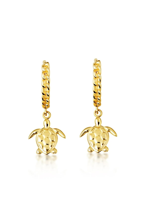 Yellow Gold Marine Sea Turtle Cuban Link Huggie Earrings (10K)