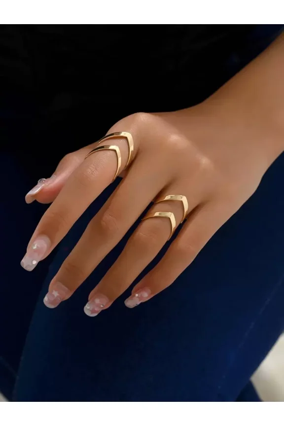 Yellow Gold Minimalist Double-Layer V-Shape Open Ring Set 2 Pieces