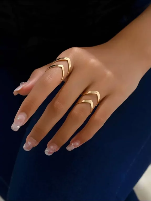 Yellow Gold Minimalist Double-Layer V-Shape Open Ring Set 2 Pieces