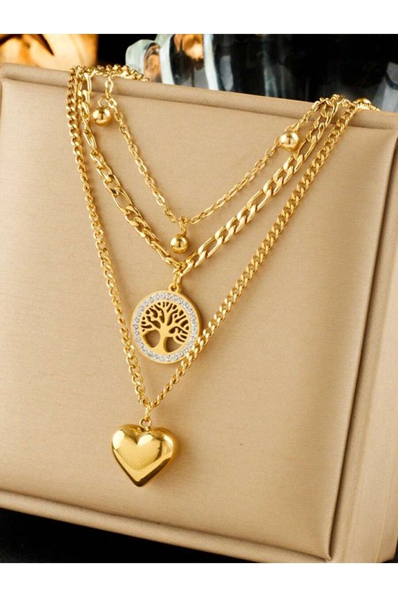 Yellow Gold Multi-Layered Chain Necklace With Tree Of Life And Heart Pendant