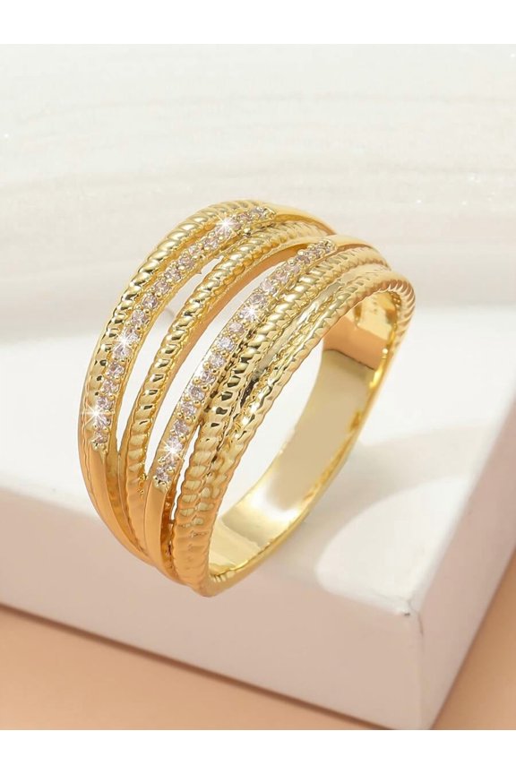 Yellow Gold Multi-Row Textured Band Cubic Zirconia Decorative Ring