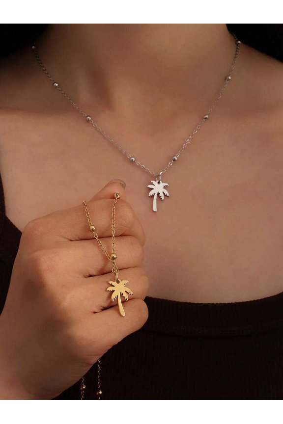 Yellow Gold Palm Tree Pendant Beaded Chain Necklace For Women
