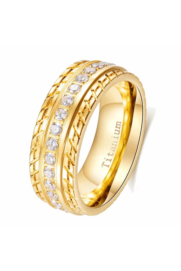Yellow Gold Plated 8mm AAA CZ Titanium Steel Mens Ring Men Wedding Band Man Ring